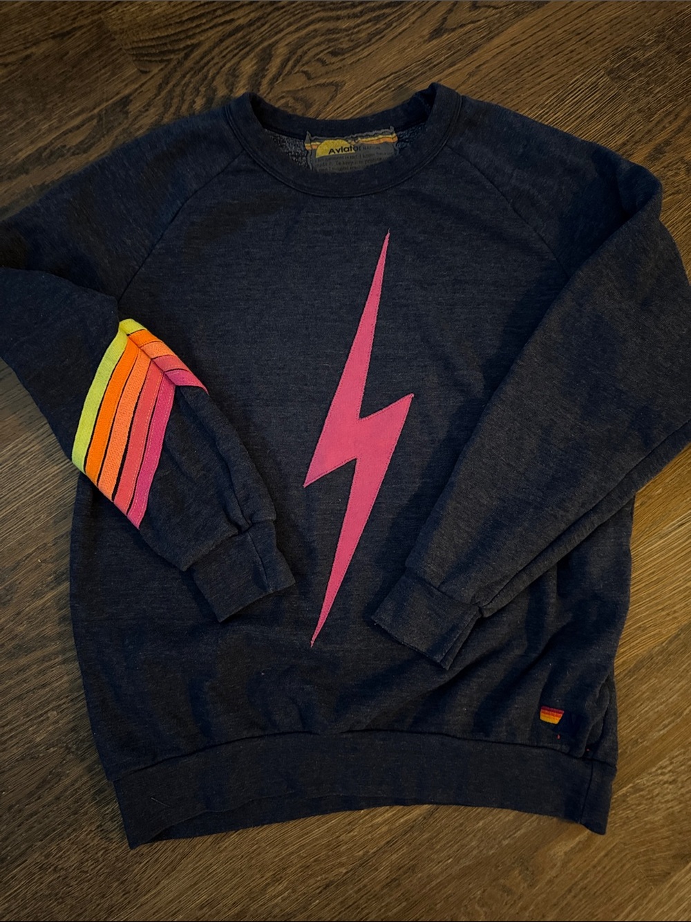 Aviator Nation Navy Crewneck with Pink Lightning Bolt & Rainbow Sleeve
